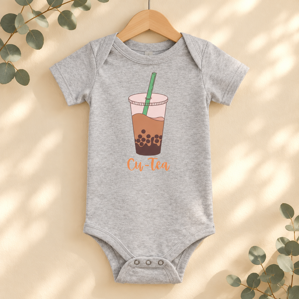 Cu-Tea Boba Tea Baby Bodysuit in Athletic Heather on a wooden hanger - Cartsy