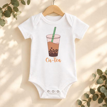 Cu-Tea Boba Tea Baby Bodysuit in White on a wooden hanger - Cartsy