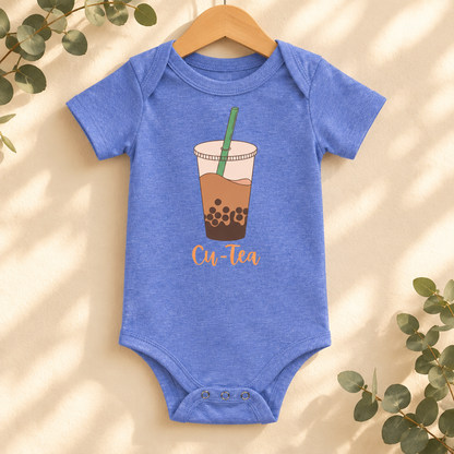 Cu-Tea Boba Tea Baby Bodysuit in Heather Columbia Blue on a wooden hanger - Cartsy