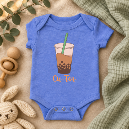 Cu-Tea Boba Tea Baby Bodysuit in Heather Columbia Blue, folded flat lay - Cartsy