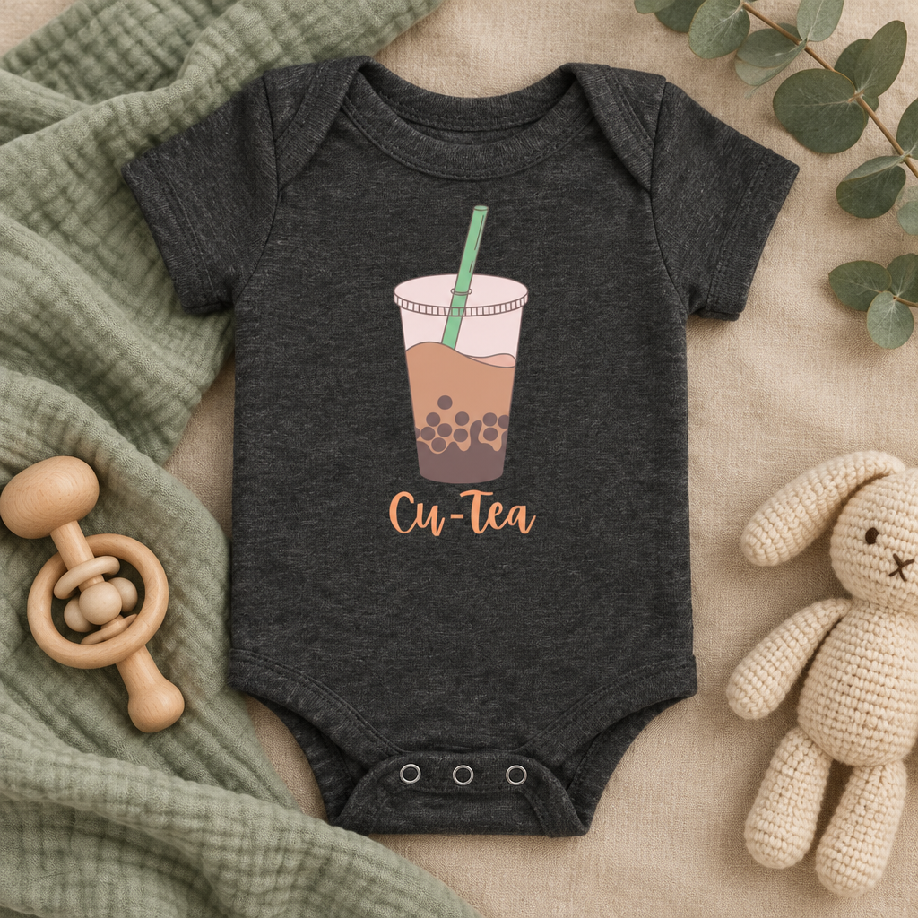 Cu-Tea Boba Tea Baby Bodysuit in Dark Grey Heather, folded flat lay - Cartsy