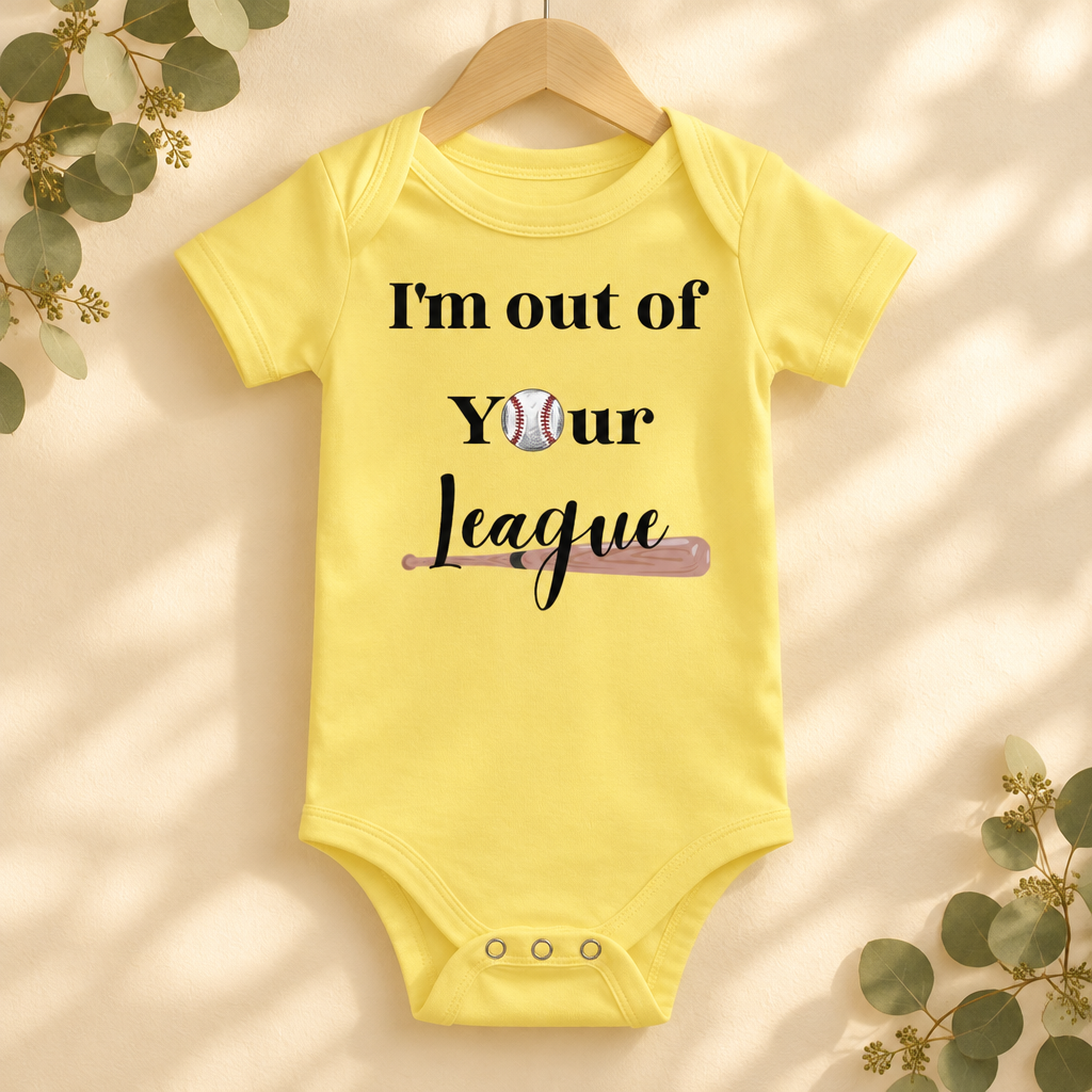I'm Out of Your League Baseball Toddler Bodysuit in Yellow on a wooden hanger - Cartsy