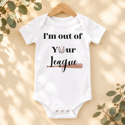 I'm Out of Your League Baseball Toddler Bodysuit in White on a wooden hanger - Cartsy