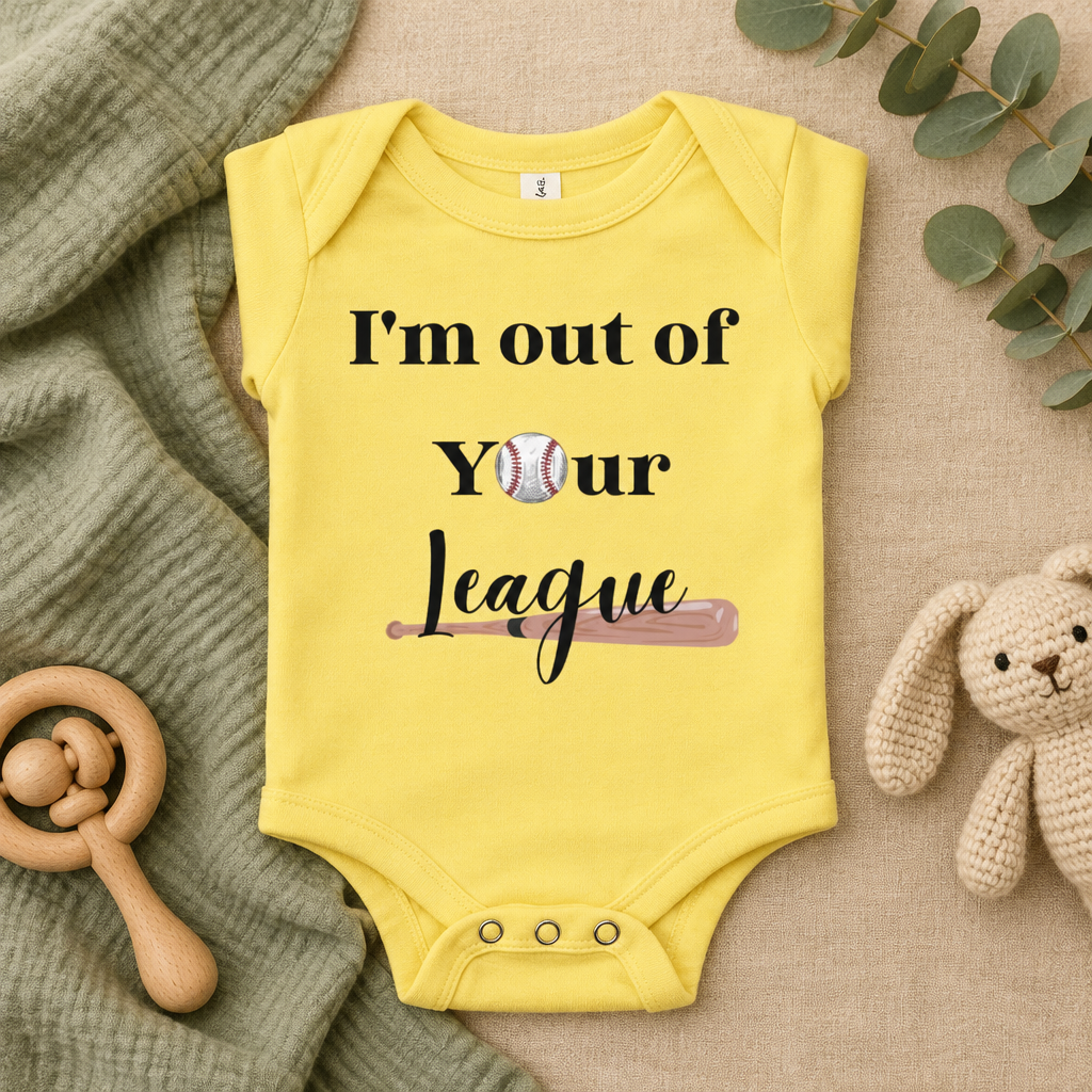 I'm Out of Your League Baseball Toddler Bodysuit in Yellow, folded flat lay - Cartsy