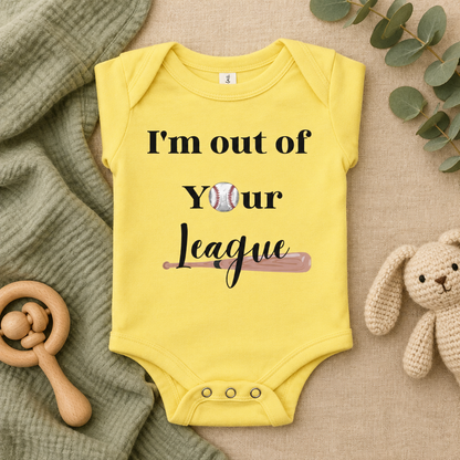 I'm Out of Your League Baseball Toddler Bodysuit in Yellow, folded flat lay - Cartsy