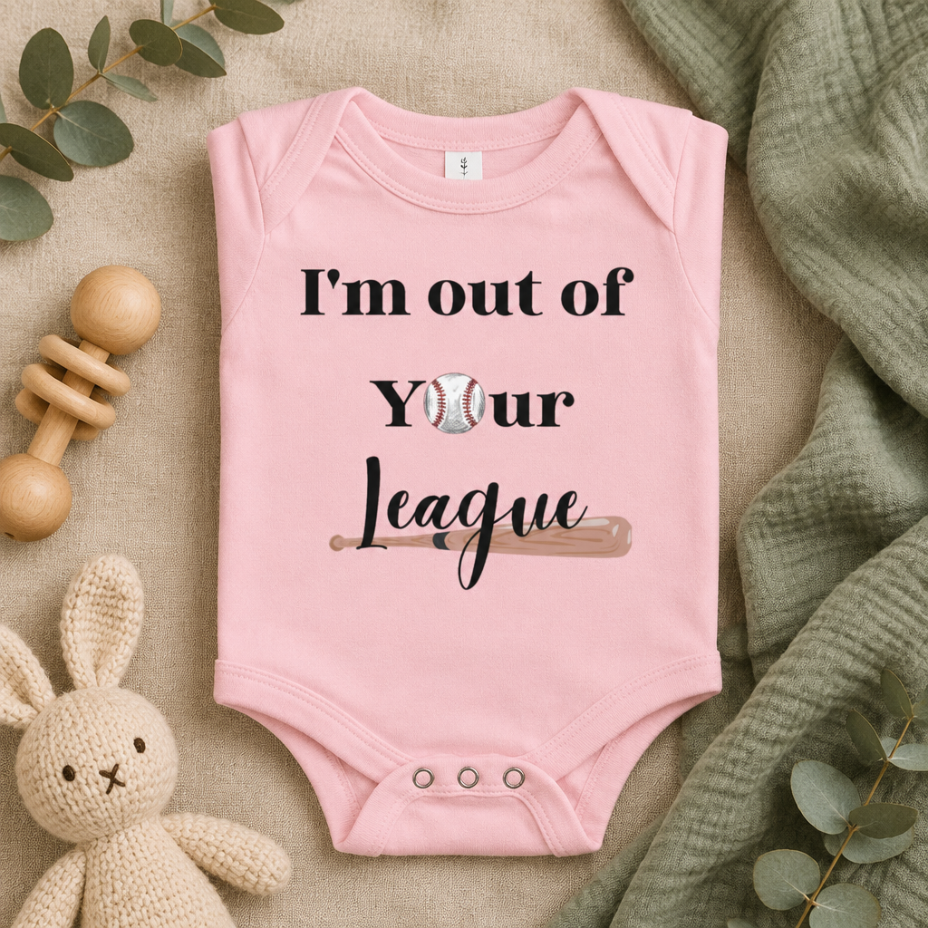 I'm Out of Your League Baseball Toddler Bodysuit in Pink, folded flat lay - Cartsy