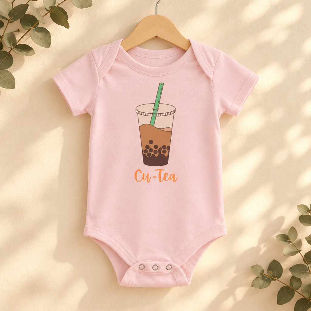 Cu-Tea Boba Tea Baby Bodysuit in Pink on a wooden hanger - Cartsy