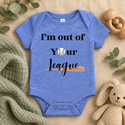 I'm Out of Your League Baseball Toddler Bodysuit in Heather Columbia Blue, folded flat lay - Cartsy
