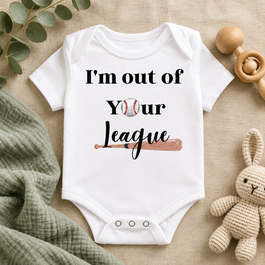 I'm Out of Your League Baseball Toddler Bodysuit in White, folded flat lay - Cartsy