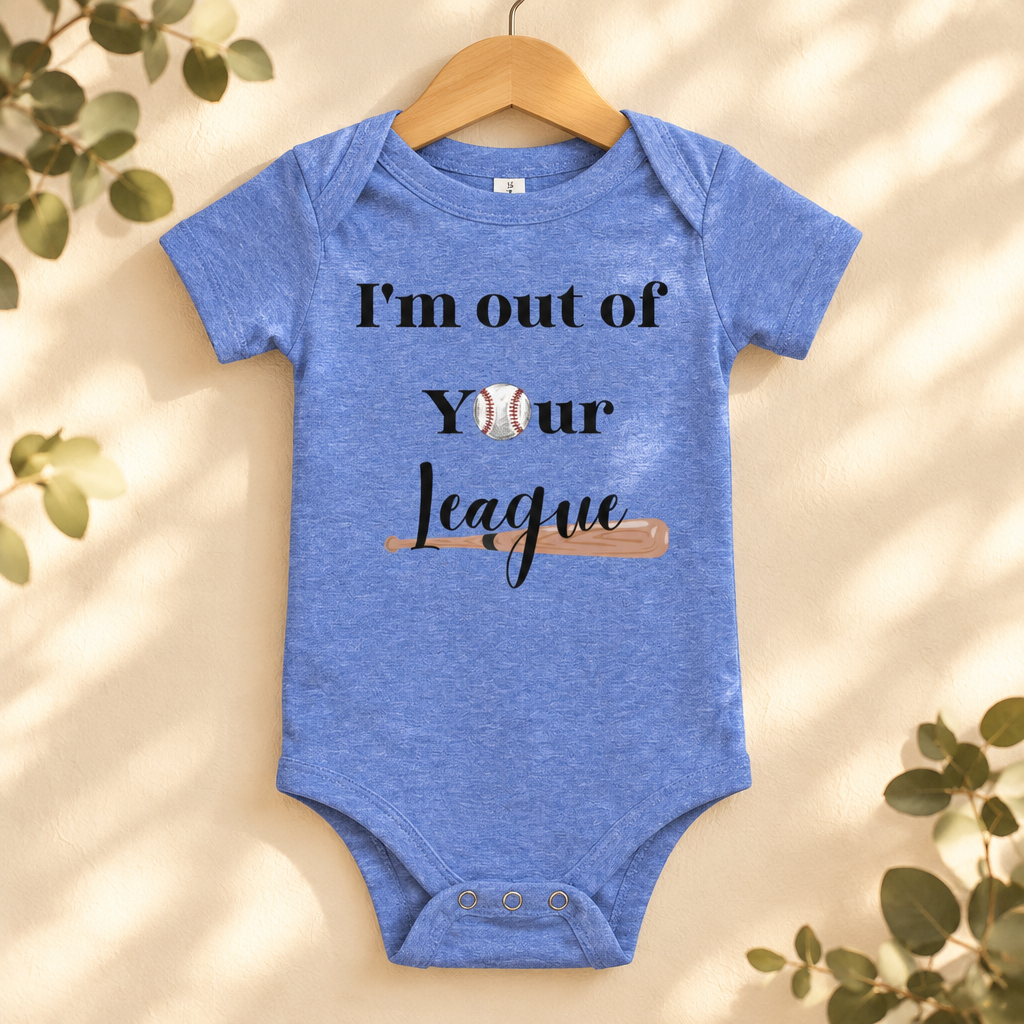 I'm Out of Your League Baseball Toddler Bodysuit in Heather Columbia Blue on a wooden hanger - Cartsy