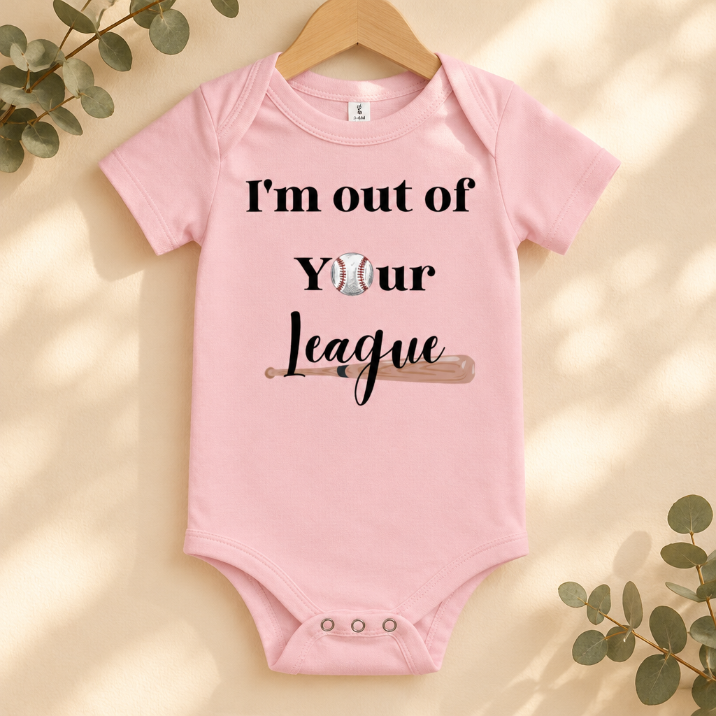 I'm Out of Your League Baseball Toddler Bodysuit in Pink on a wooden hanger - Cartsy