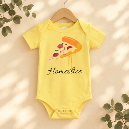 Home Slice Pizza Toddler Bodysuit in Yellow on a wooden hanger - Cartsy
