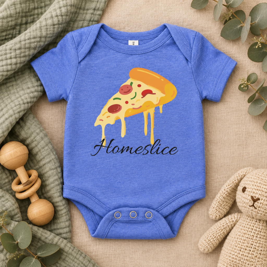 Home Slice Pizza Toddler Bodysuit in Heather Columbia Blue, folded flat lay - Cartsy