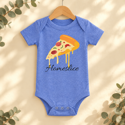 Home Slice Pizza Toddler Bodysuit in Heather Columbia Blue on a wooden hanger - Cartsy