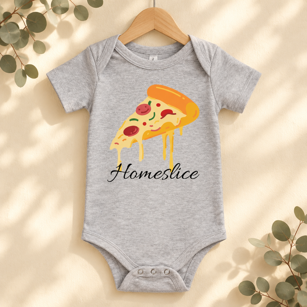 Home Slice Pizza Toddler Bodysuit in Athletic Heather on a wooden hanger - Cartsy