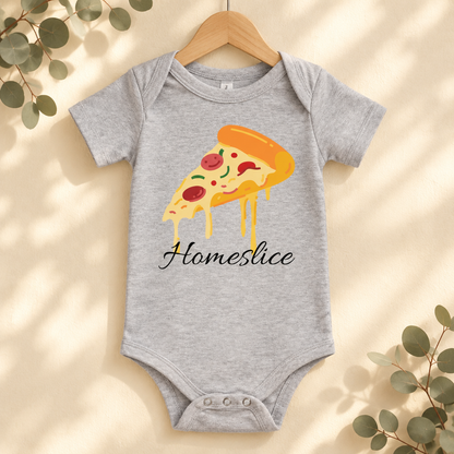 Home Slice Pizza Toddler Bodysuit in Athletic Heather on a wooden hanger - Cartsy