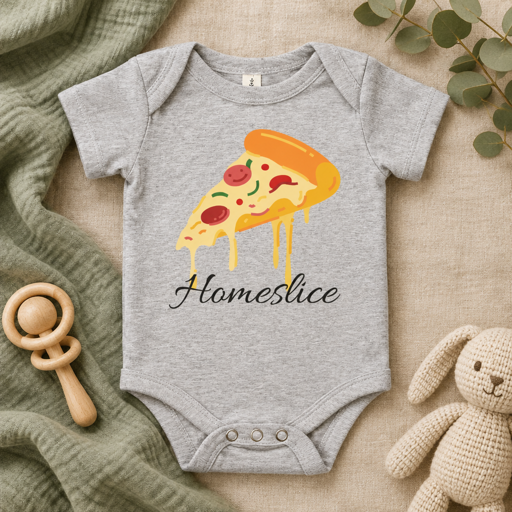 Home Slice Pizza Toddler Bodysuit in Athletic Heather, folded flat lay - Cartsy