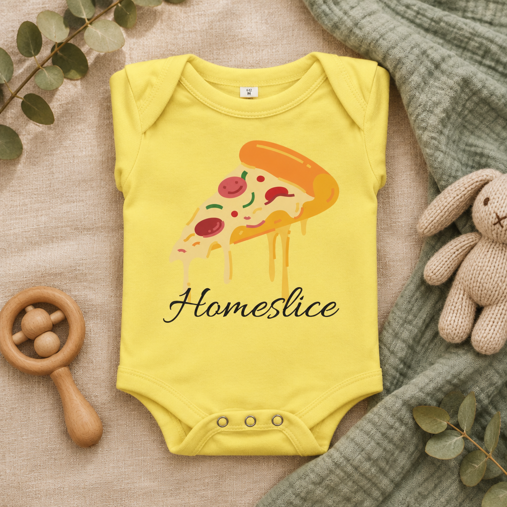 Home Slice Pizza Toddler Bodysuit in Yellow, folded flat lay - Cartsy