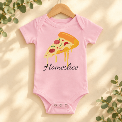 Home Slice Pizza Toddler Bodysuit in Pink on a wooden hanger - Cartsy