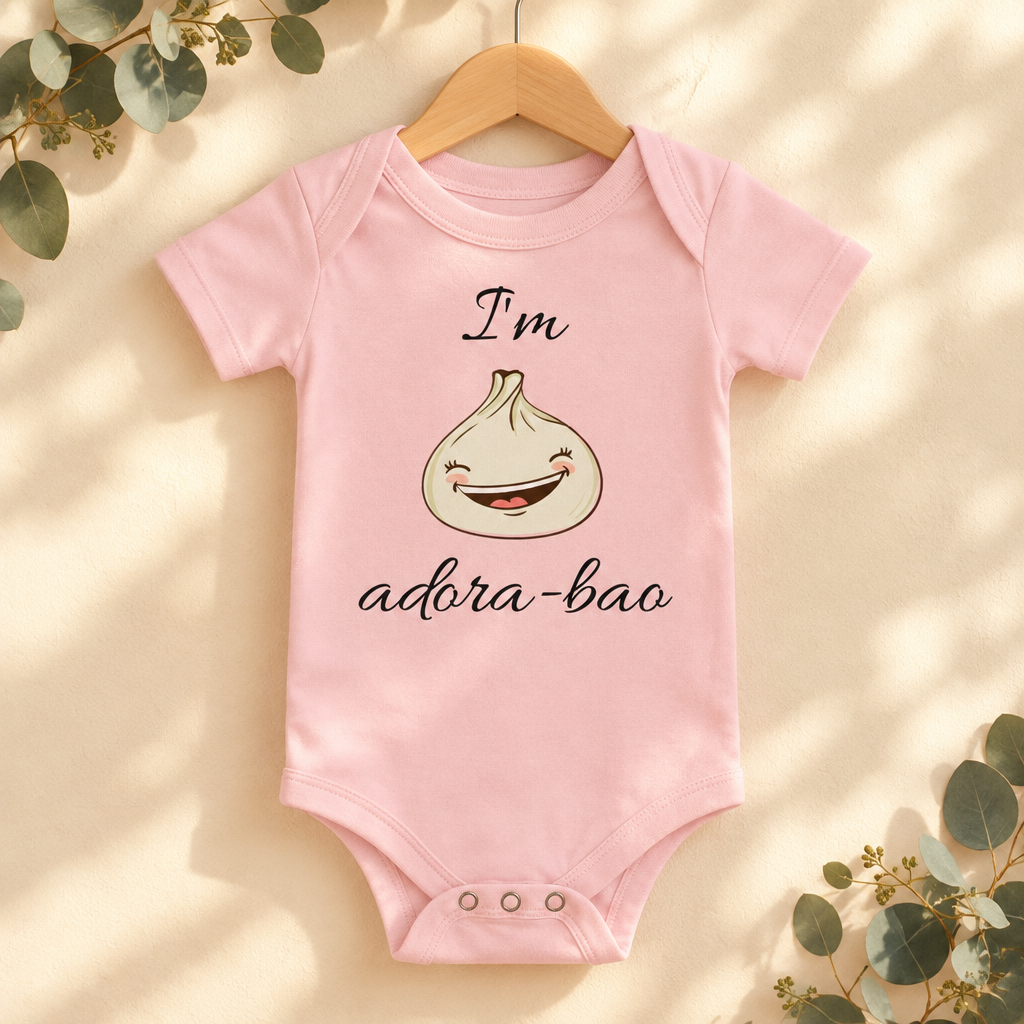 I'm Adora-Bao Dumpling Baby Bodysuit in Pink on a wooden hanger - Cartsy