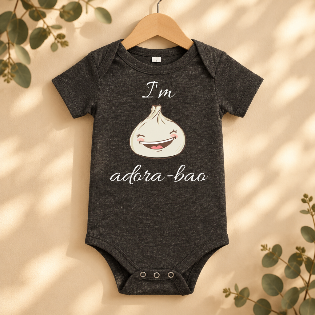 I'm Adora-Bao Dumpling Toddler Bodysuit in Dark Grey Heather on a wooden hanger - Cartsy