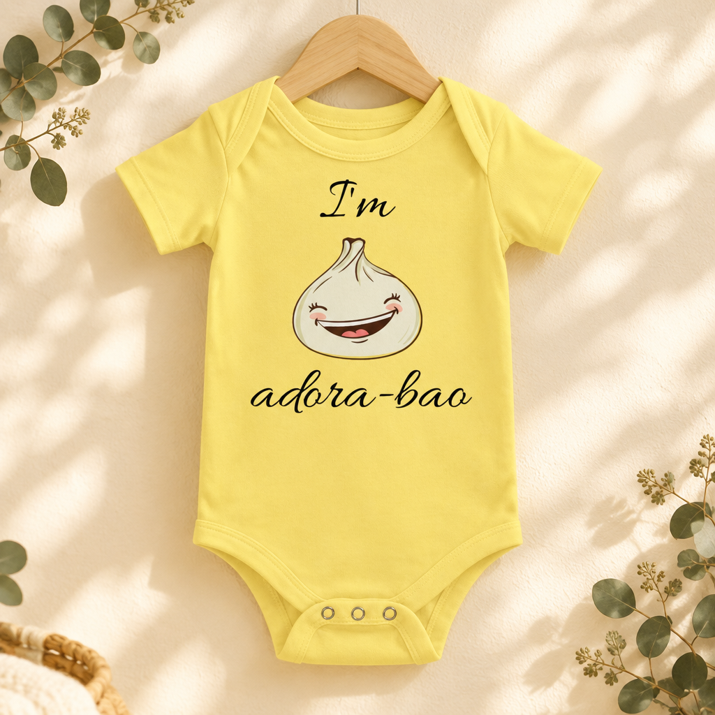 I'm Adora-Bao Dumpling Baby Bodysuit in Yellow on a wooden hanger - Cartsy