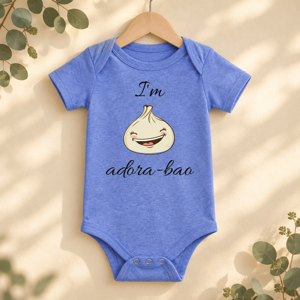 I'm Adora-Bao Dumpling Baby Bodysuit in Heather Columbia Blue on a wooden hanger - Cartsy