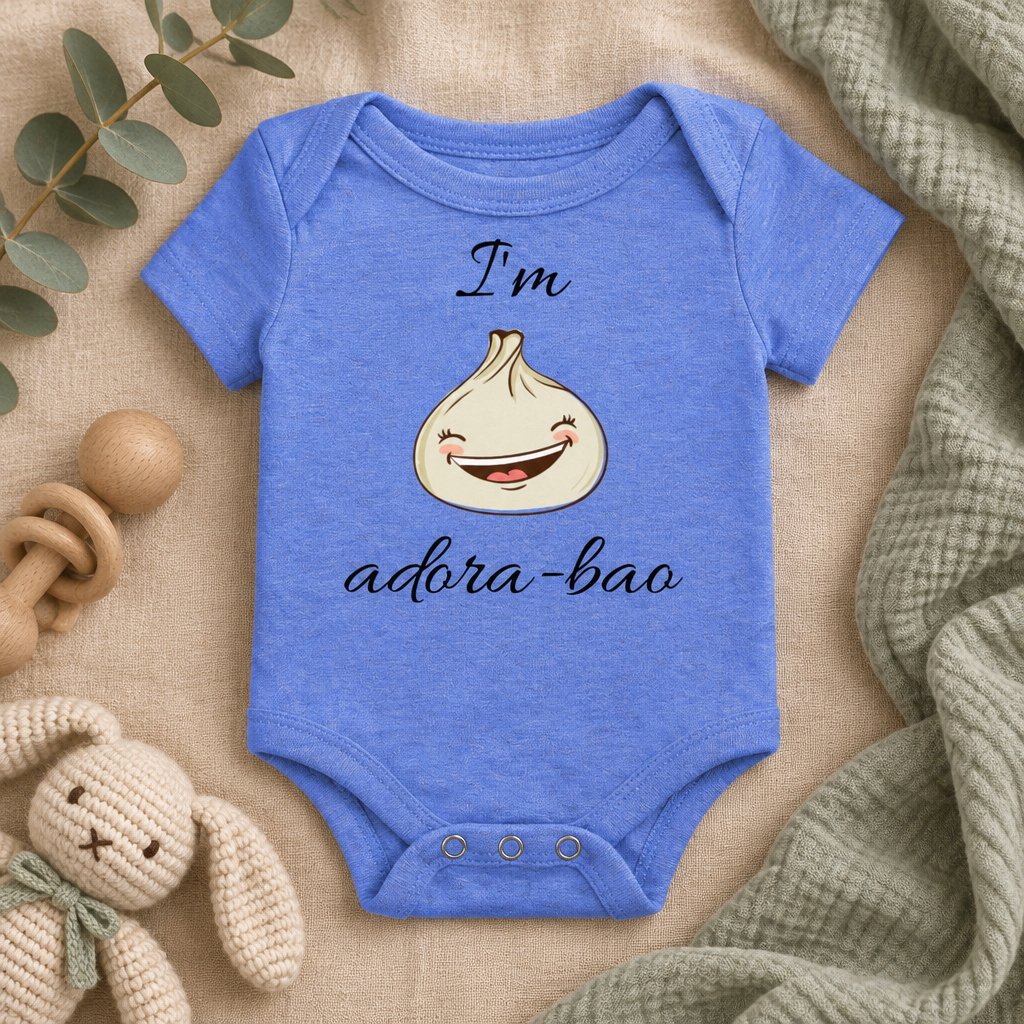 I'm Adora-Bao Dumpling Baby Bodysuit in Heather Columbia Blue, folded flat lay - Cartsy