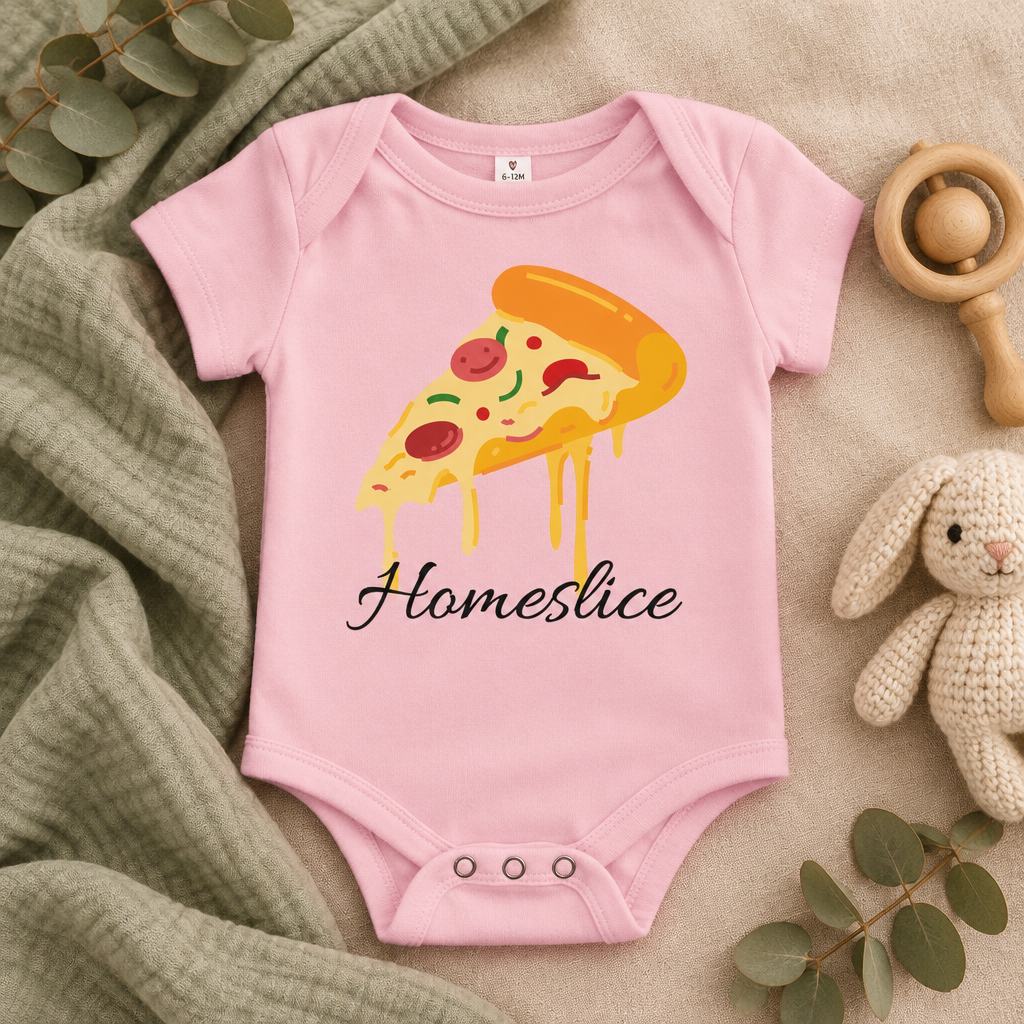Home Slice Pizza Toddler Bodysuit in Pink, folded flat lay - Cartsy