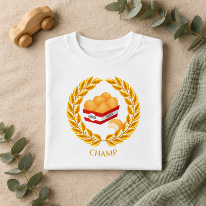 Chicken Nugget Champ Kids Organic T-Shirt in White, folded flat lay - Cartsy