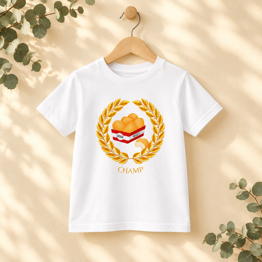 Chicken Nugget Champ Kids Organic T-Shirt in White on a wooden hanger - Cartsy