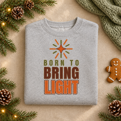 Modern Christian Kids Sweatshirt: Born to Bring Light Bold in Sport Grey, folded flat lay - Cartsy