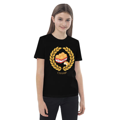 Girl wearing a black t-shirt with chicken nuggets inside a gold laurel wreath above the word 'Champ'