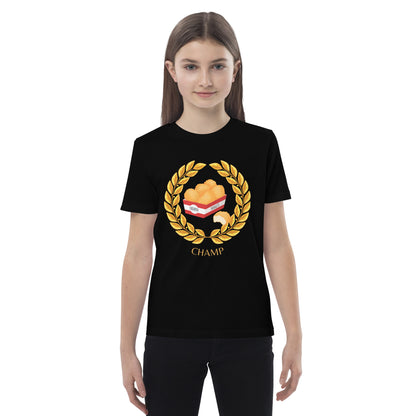 Chicken Nugget Champ Kids Organic T-Shirt in black, front view