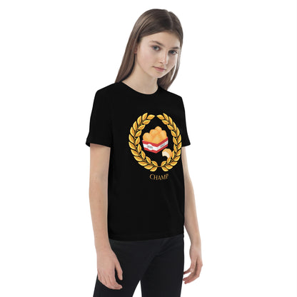 Chicken Nugget Champ Kids Organic T-Shirt in black, right front view