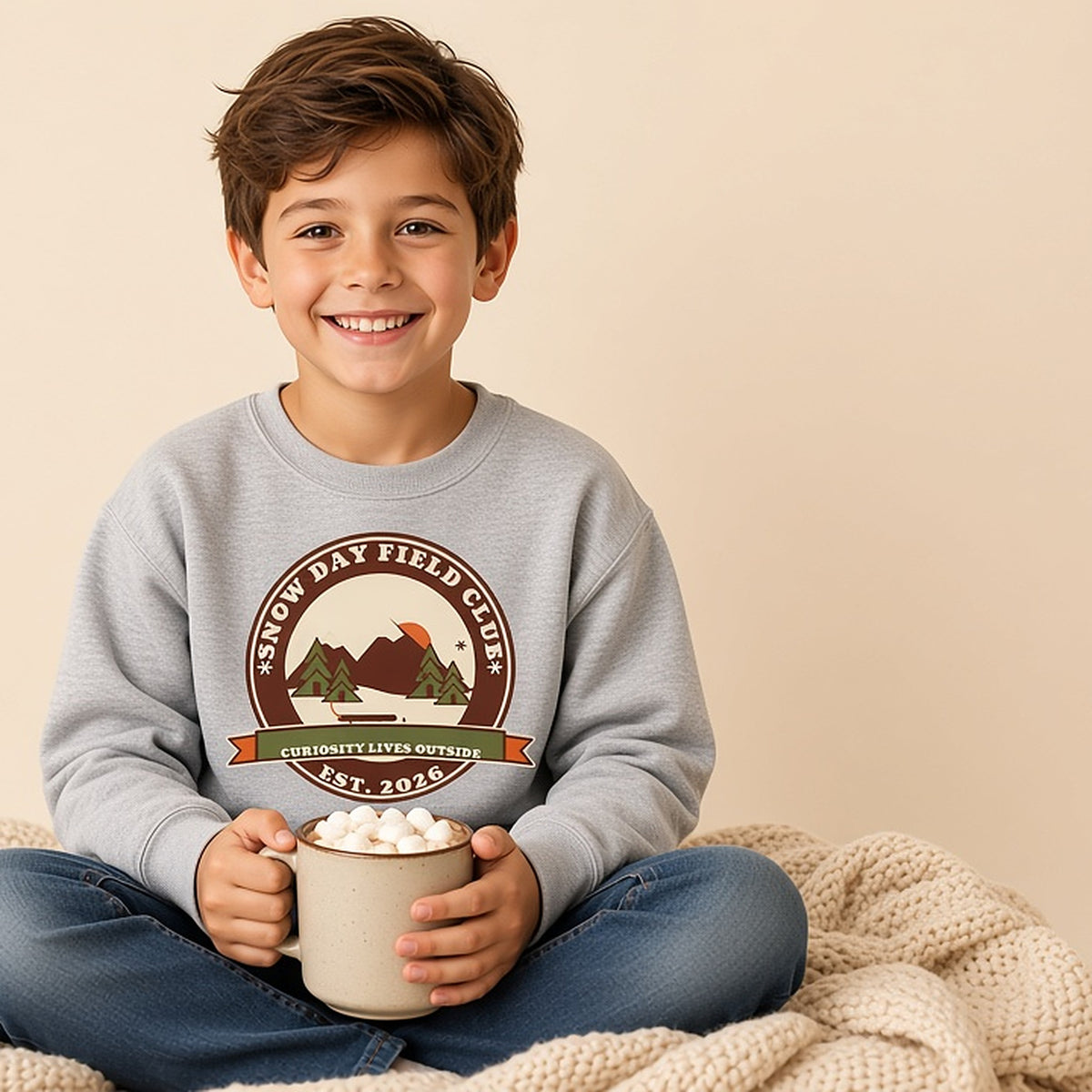 Child in the Snow Day Field Club sweatshirt sitting with a mug of cocoa
