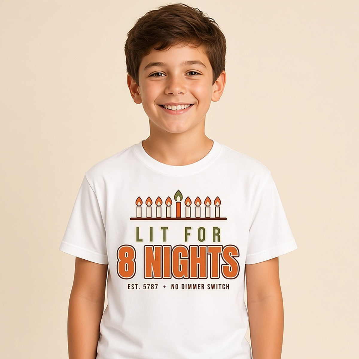 Boy in the white Lit for 8 Nights kids Hanukkah tee