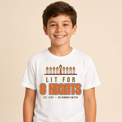 Boy in the white Lit for 8 Nights kids Hanukkah tee