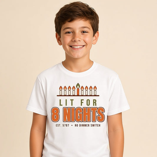 Boy in the white Lit for 8 Nights kids Hanukkah tee