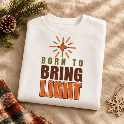 Modern Christian Kids Sweatshirt: Born to Bring Light Bold folded print detail