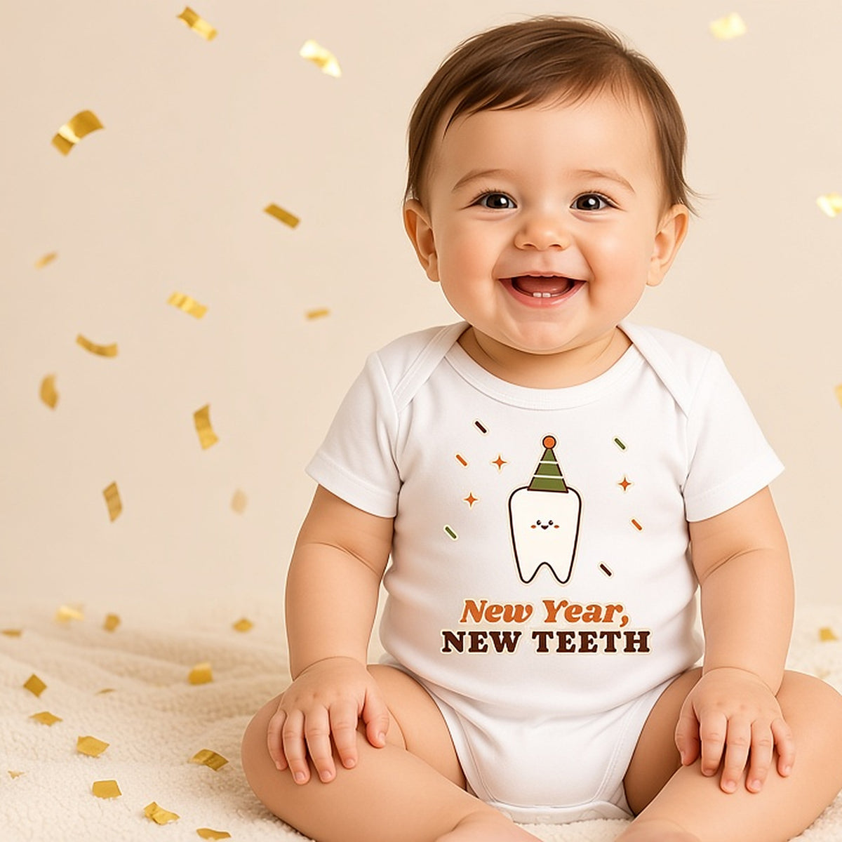 Grinning baby in the white New Year New Teeth tooth-in-party-hat bodysuit