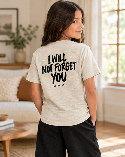 Kid wearing the Cartsy Not Forgotten "I Will Not Forget You" earth-tone faith tee