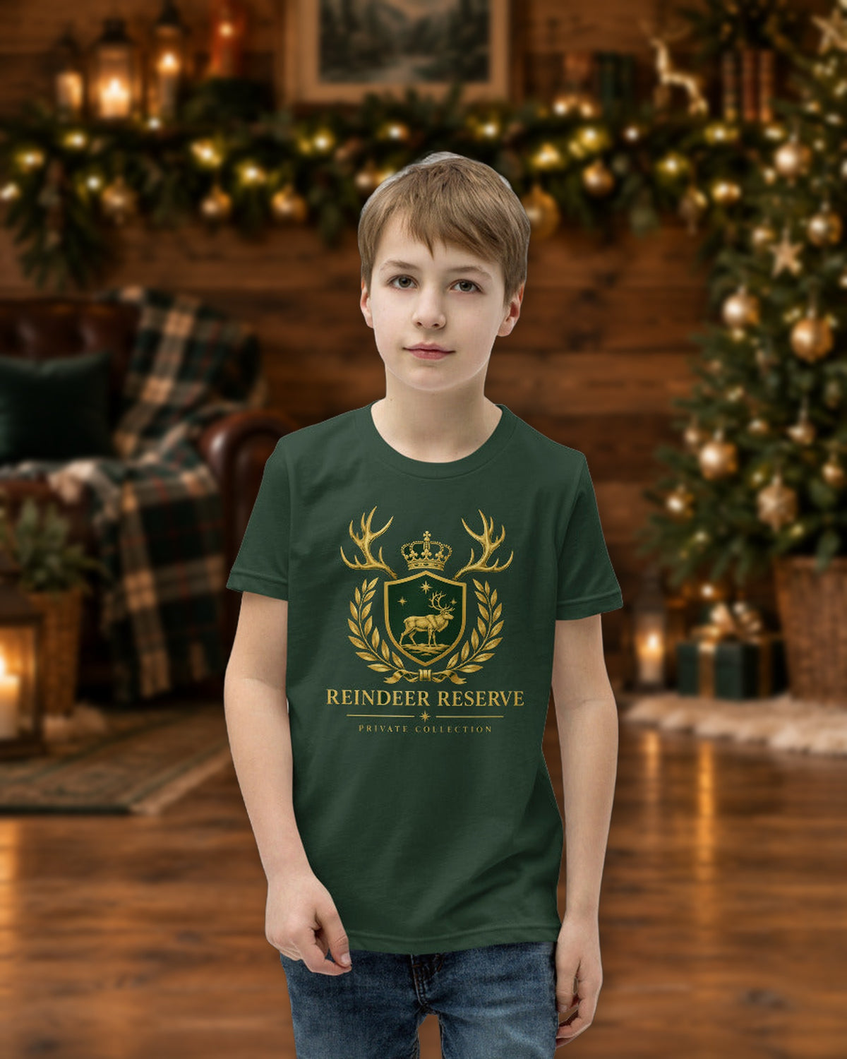 Kid wearing the forest green Reindeer Reserve tee in a cozy Christmas cabin