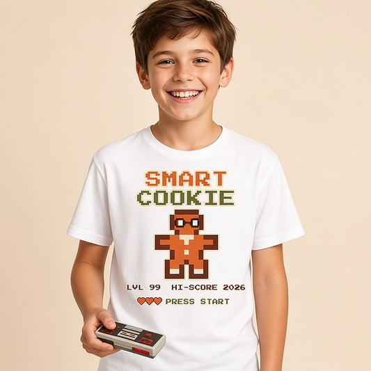 Boy holding a game controller in the white Smart Cookie retro arcade kids Christmas shirt