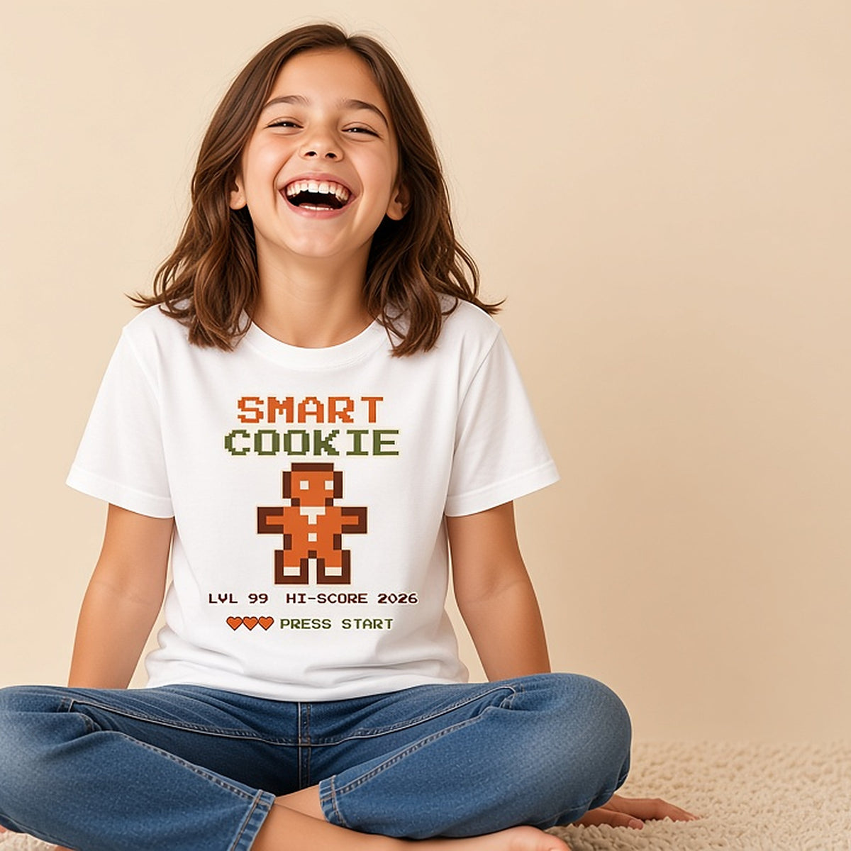 Girl sitting cross-legged in the Smart Cookie pixel gingerbread kids shirt