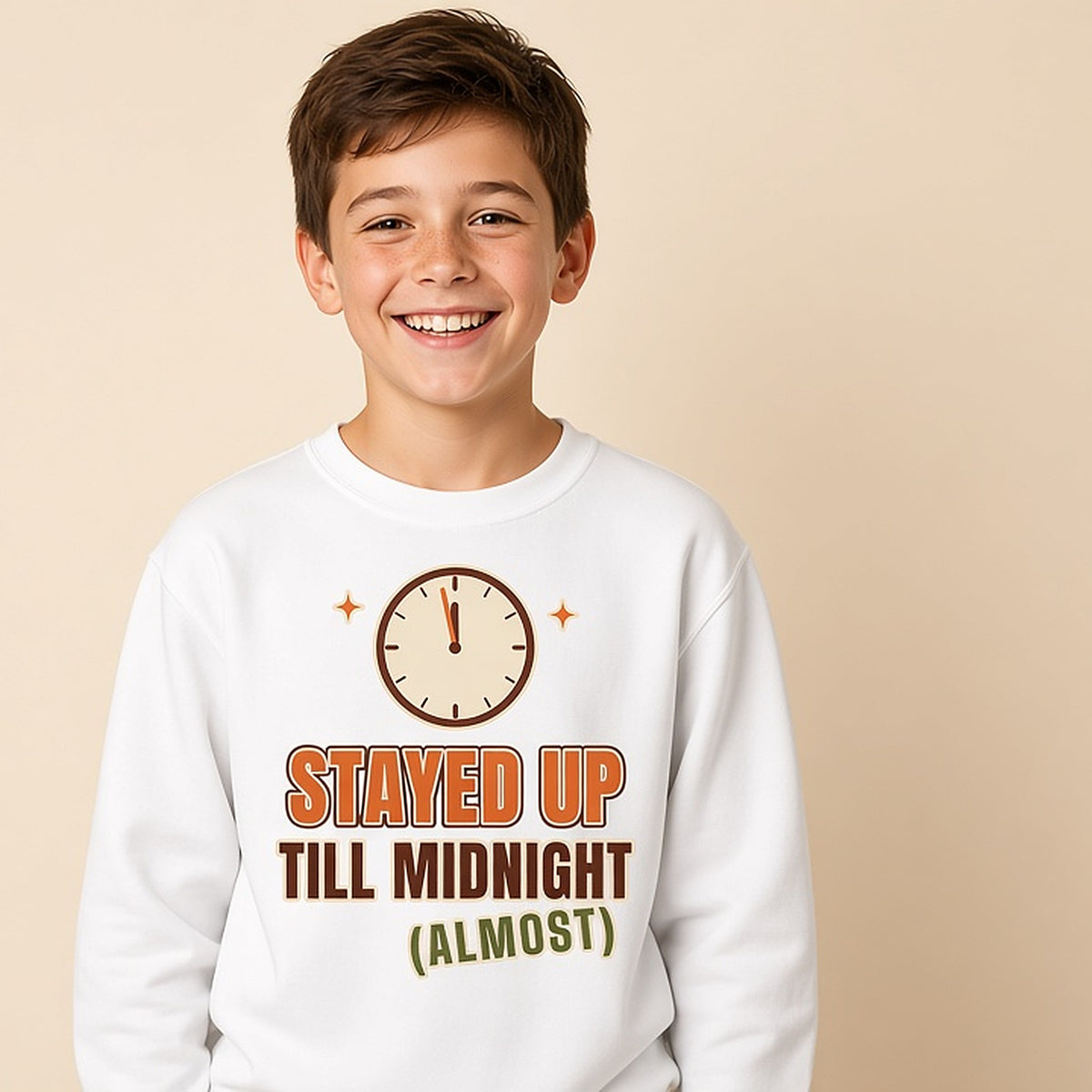 Boy in the white Stayed Up Till Midnight (Almost) kids New Year sweatshirt