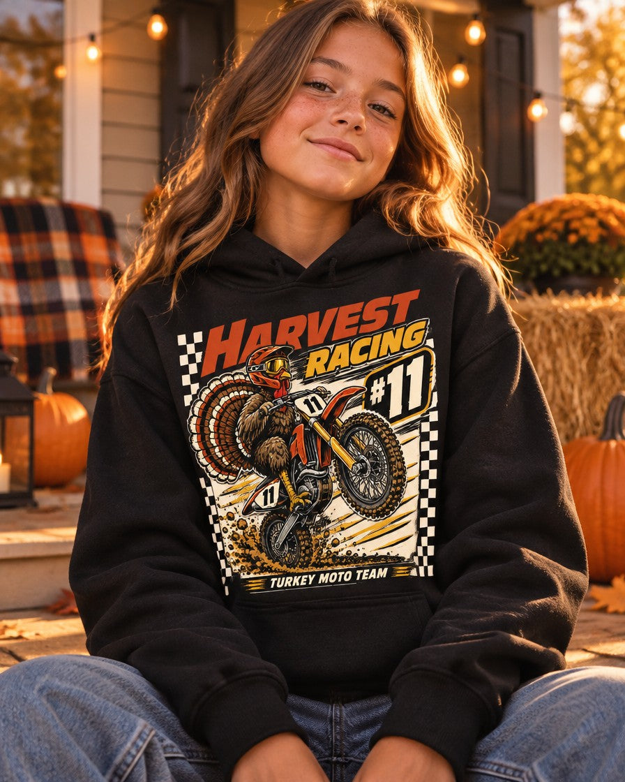 Kid wearing the black Turkey Moto #11 kids Thanksgiving hoodie with a motocross turkey racing graphic