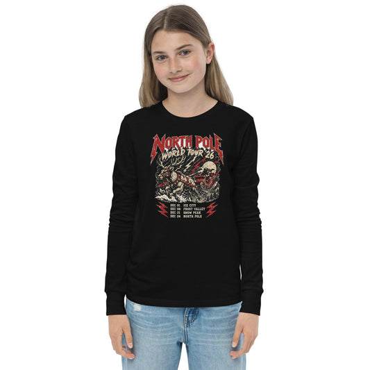 North Pole World Tour '26 Kids Long Sleeve Tee in Black (front view)