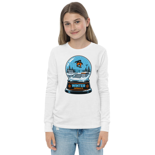 Snow Globe Capsule Kids Long Sleeve Tee in White (front view)