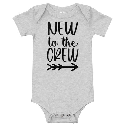 Heather gray baby bodysuit printed 'NEW to the CREW' in black lettering with an arrow